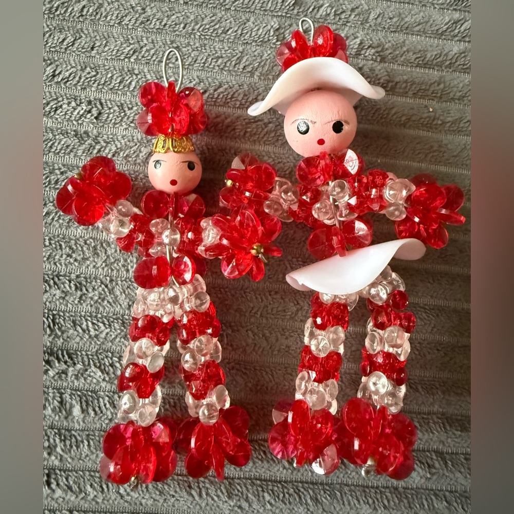 Vintage Red and White Beaded Holiday Ornaments Safety Pin Handmade Christmas Lot